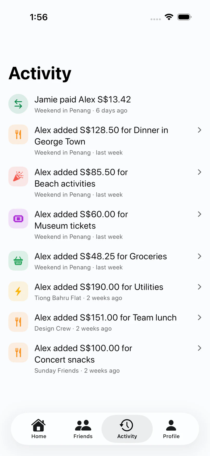 Splitsies activity screen listing expenses and a recorded payment