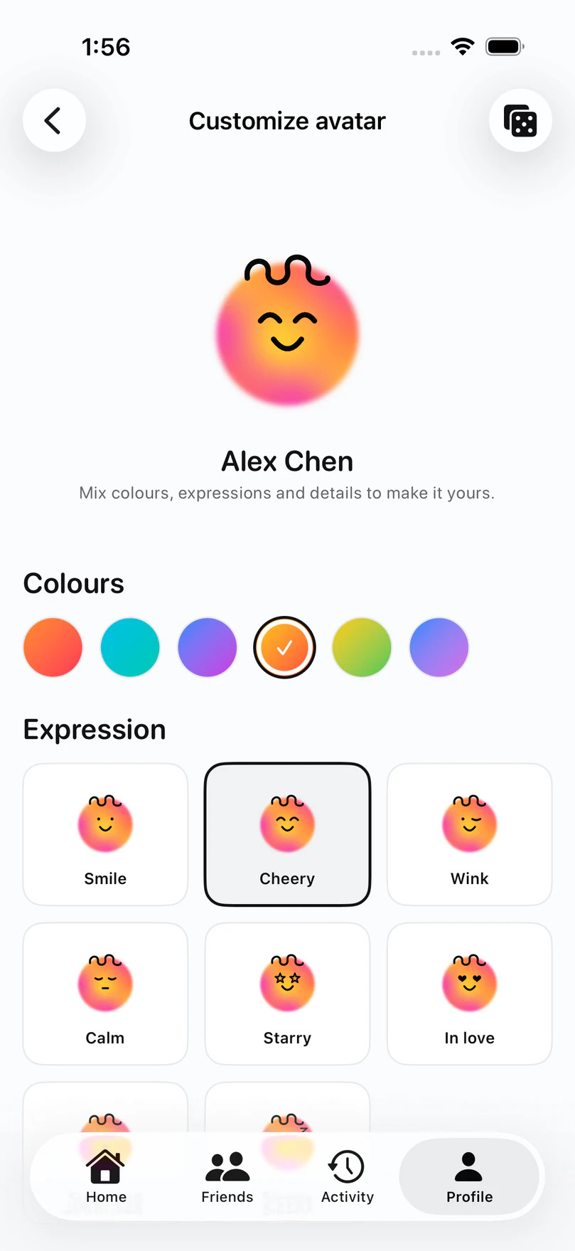 Splitsies avatar editor with colour and expression choices