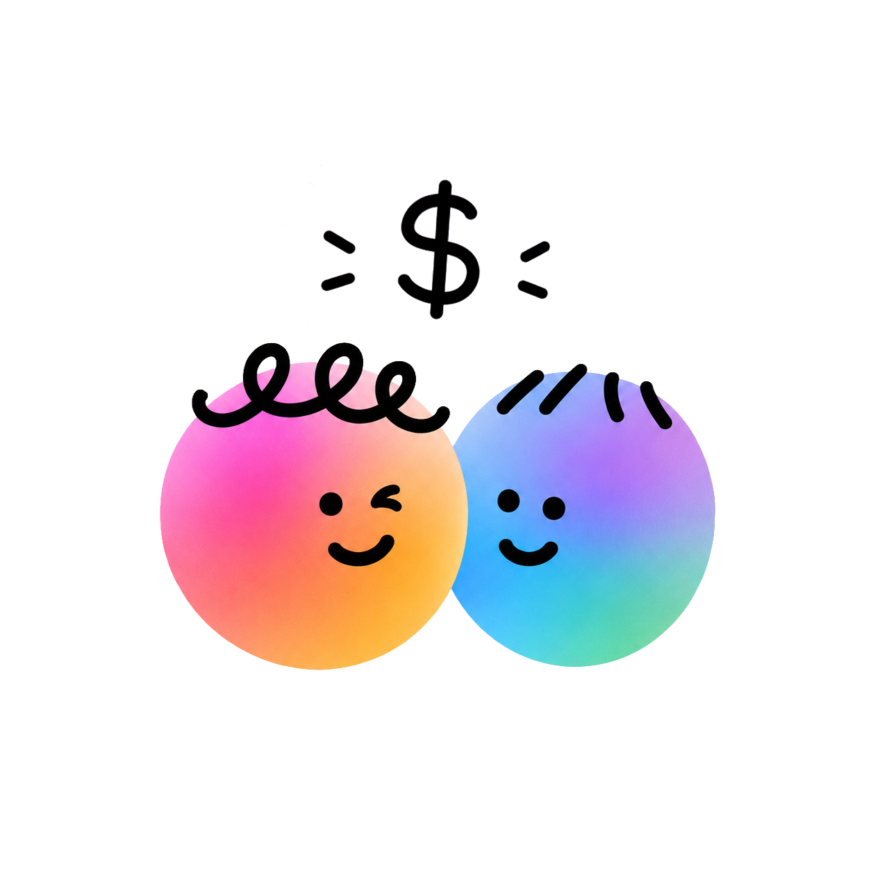 Two colourful Splitsies friends beneath a dollar sign